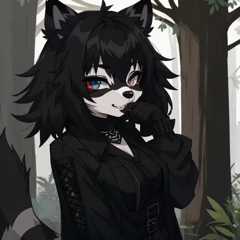 furry raccoon, енот goth, raccoon girl, goth, 가슴, in black clothes, black  hair, raccoon, grimalkin