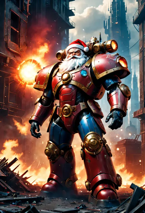 Warhammer 40K universe, cybernetic santa claus，Red gold armor mechanical suit，Shining blue eyeierce war environment，Destroyed buildings and flames，The background is a futuristic cityscape，Equipped with laser gun and shield，Radar and targeting integrated in...