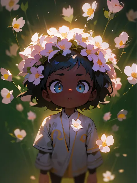 Little cute flower spirit, (dark skin), solo,  concept art, fantasy art, matte in the style of alena aenami, volumetric light, sun rays, by yanjun cheng, hyperrealism, cinema 4d, beautiful, mysterious, elemental, ethereal, elementl, high resolution