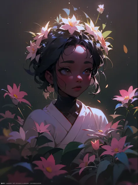 little cute flower spirit, (dark skin), solo,  concept art, fantasy art, matte in the style of alena aenami,by yanjun cheng, hyp...