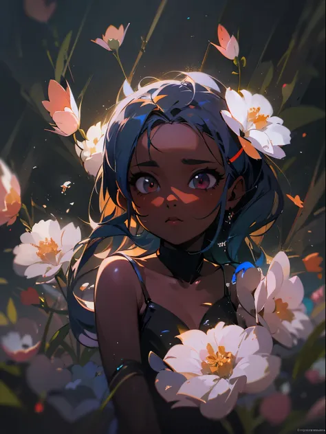 little cute flower spirit, (dark skin), solo,  concept art, fantasy art, matte in the style of alena aenami,by yanjun cheng, hyp...