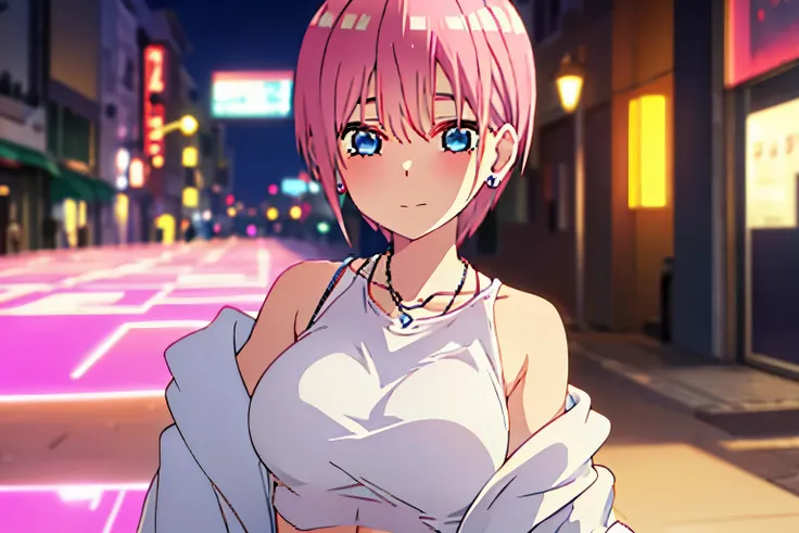 nakano ichika, masterpiece, best quality, 1girl,alone, blue eyes, pink hair, closed mouth, earrings, hoop earrings, jewelry, looking at viewer, crop top, short hair, street, solo, upper body, yellow crop top, underboob, large breasts