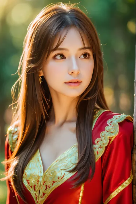 (masterpiece, best quality:1.4), (8k, raw photo, photo realistic:1.2), (shiny skin), detailed skin, detailed face, detailed eyes,
8k portrait, calm woman, 25 years old, Brown eyes , beautiful, (), Red wizard costume, Long straight hair, forest, (chant magi...