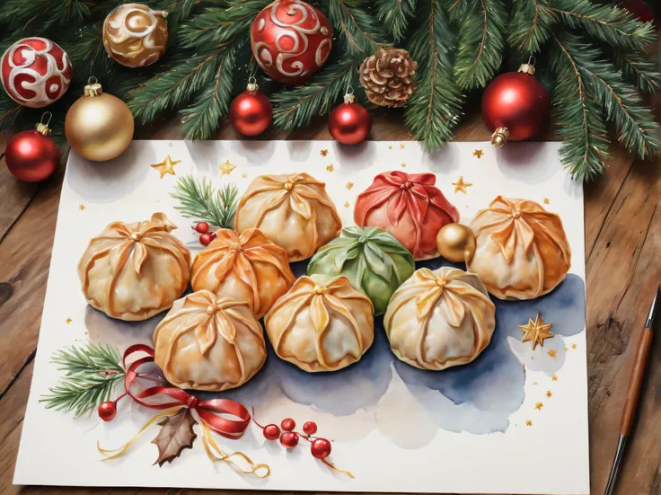 Watercolor Paint, focus gyoza, Christmas Decorations, above angle, intricate detailes, masutepiece,