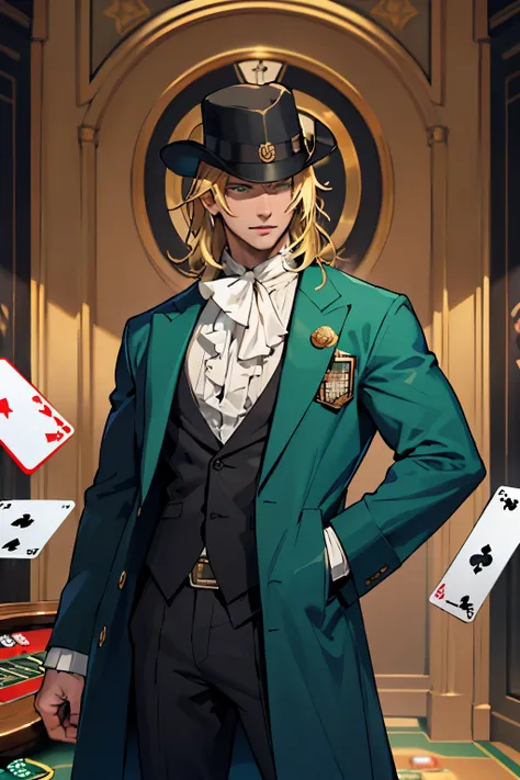 best face, blond hair, Clear eyes, suit, overcoat, Fyodors hat, average hair length, green colored eyes, Medieval times, card player, casino, in full height