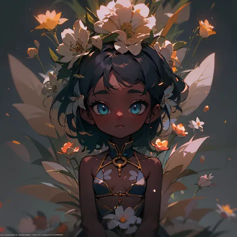 Little cute flower spirit, (dark skin), solo,  concept art, fantasy art, matte in the style of alena aenami,by yanjun cheng, hyperrealism, cinema 4d, beautiful, mysterious, elemental, ethereal, elementl, high resolution