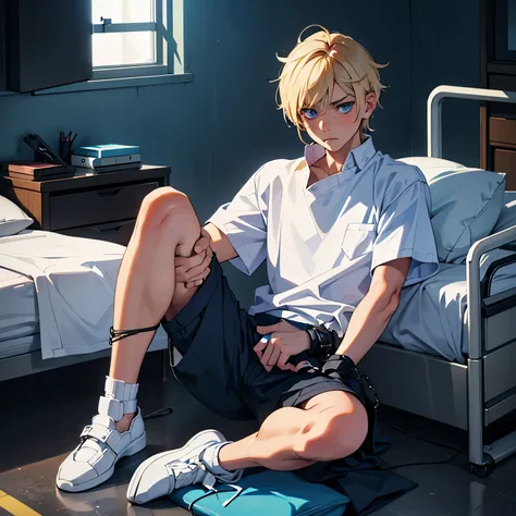 a boy sitting on a hospital bed. he has electric blond hair with a black undercut and sharp blue eyes. he has on a white shirt a...