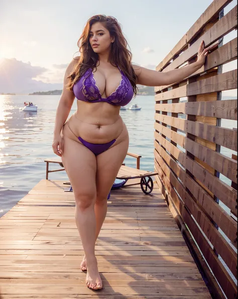 araffe woman in a purple bikini standing on a dock, curvy hourglass figure, beautiful thick female, thick body, voluptuous body, curvy model, curvy figure, , alluring plus sized model, beautiful curvy female, plus size woman, voluptuous figure, wearing two...