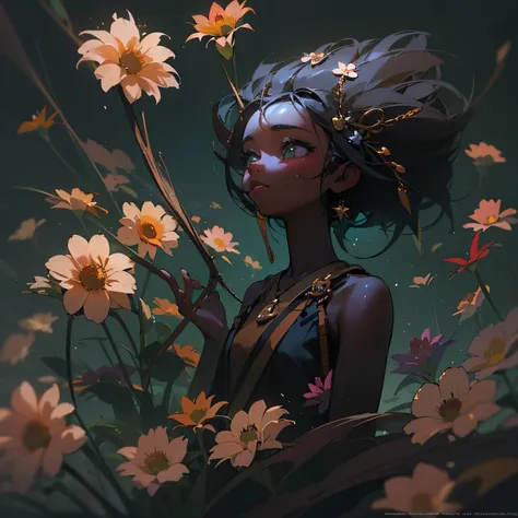 little cute flower spirit on a flower, (dark skin), solo,  concept art, fantasy art, matte in the style of alena aenami,by yanju...