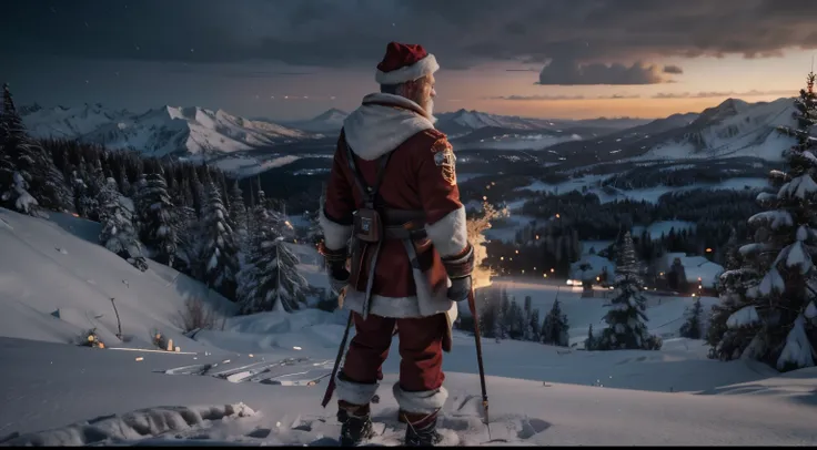 Amidst a serene snowy peak, envision an elderly, mirthful Santa, cradling a whiskey bottle, donning a cheerful grin. Crafted in hyper-realistic 4K resolution, bathed in cyan rim lights, featuring motion blur and soft lighting. Harness the power of Unreal E...