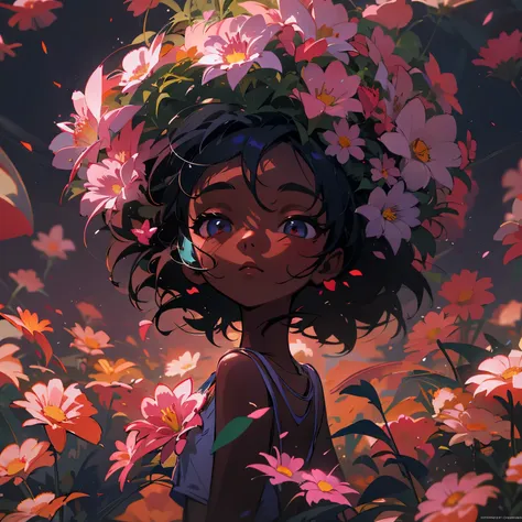 Little cute flower spirit on a flower, (dark skin), solo,  concept art, fantasy art, matte in the style of alena aenami,by yanjun cheng, sunny, hyperrealism, cinema 4d, beautiful, mysterious, elemental, ethereal, elementl, high resolution