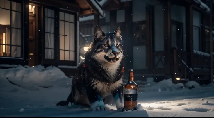 Amidst a serene snowy peak, envision an elderly, mirthful Santa, cradling a whiskey bottle, donning a cheerful grin. Crafted in hyper-realistic 4K resolution, bathed in cyan rim lights, featuring motion blur and soft lighting. Harness the power of Unreal E...