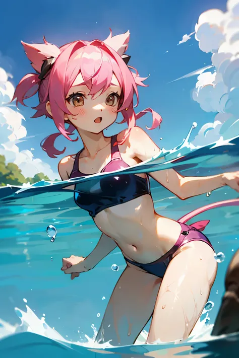 girl with、Twin-tailed、Pink hair 、Tsuriformes、swim wears