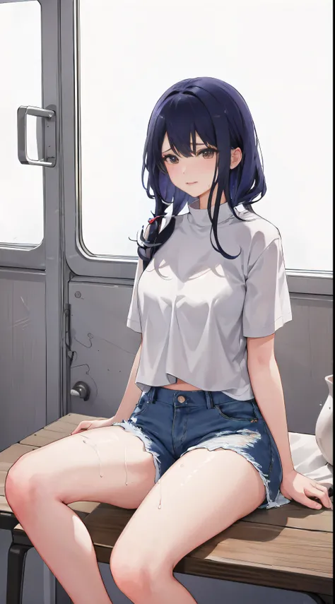 4k高清，1个Giant Breast Girl, 独奏, She wears white underwear，Wear blue denim short legs,sit on chair，King size，Perfect for sweaty handlack color hair