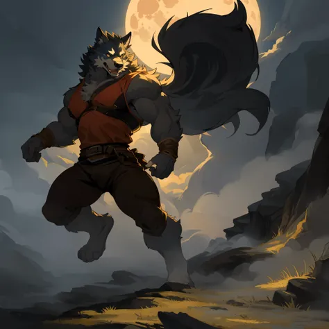 top quality, best quality, High-quality illustrations by Rembrandt, masterpiece, depth of field(highly detailed beautiful face and eyes)absurdres, perfect anatomy, Werewolf, howling, red full moon, on cliff, fog(kemono, super handsome boy, solo focus, musc...