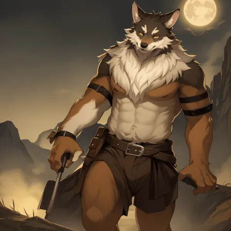 top quality, best quality, High-quality illustrations by Rembrandt, masterpiece, depth of field(highly detailed beautiful face and eyes)absurdres, perfect anatomy, Werewolf, howling, red full moon, on cliff, fog(kemono, super handsome boy, solo focus, musc...