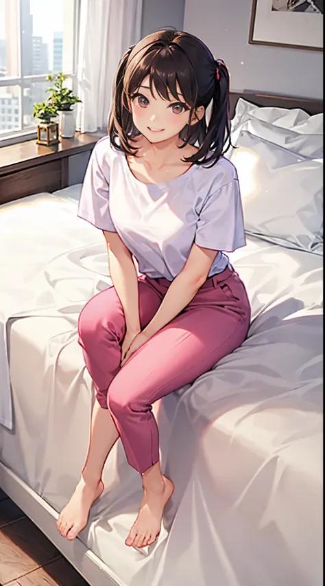 1girll, 独奏, Wear light-colored short sleeves，Wear pink slacks，sit on a bed，Extra big，Perfect hands