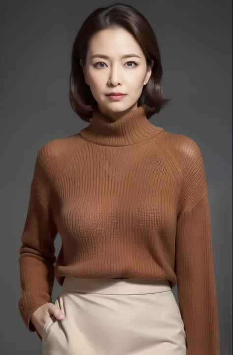 hight resolution, high-level image quality, high detailing, ​masterpiece, Textured skin, tre anatomically correct, sharp, greybackground((japanese mature, 75 years old)), 独奏, ((Wrinkles on the face)), large breasts with good shape, Straight light brown hai...