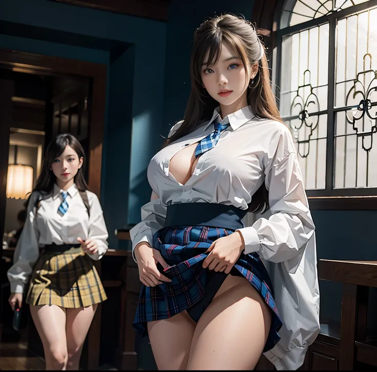 top-quality, 8K picture quality, ​masterpiece, profetional lighting, (Two women standing), (Perfect body and huge breasts squeezed by clothes:1.2), Whitening Skin, (Blue eyes reflect a lot of light)、 (A tight pure white blouse that hides all of her huge br...