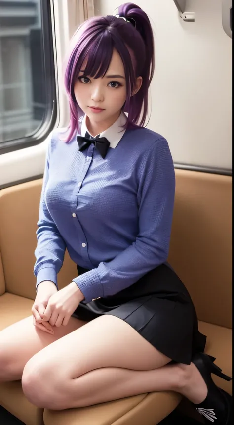 high resolution, official art, ultra detail, long hair, kneeling on a train seat, panty shot, absurdity, blue eyes, in a ponytail, purple hair, hair bow, in a skirt, wearing a shirt, thighs, blushing, (bitter smile:0.7),