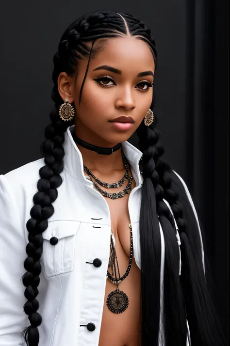 a woman with long black hair wearing a white jacket, long black braids, black hair in braids, wearing many medallions, with black pigtails, incredible details, gorgeous features, black woman