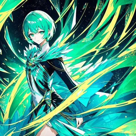 phosphophyllite, phos, short_hair, green_hair, shiny_hair, portrait, regal, robe, intricated, detailed,  cyberpunk,  splash scre...