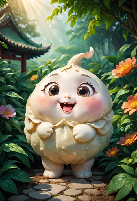 A personified dumpling in a vibrant garden, created with detailed illustrations and a touch of 3D rendering. The dumpling character has adorable, expressive eyes, plump lips, and an enchanting smile. The artist captures the characters charm and personality...