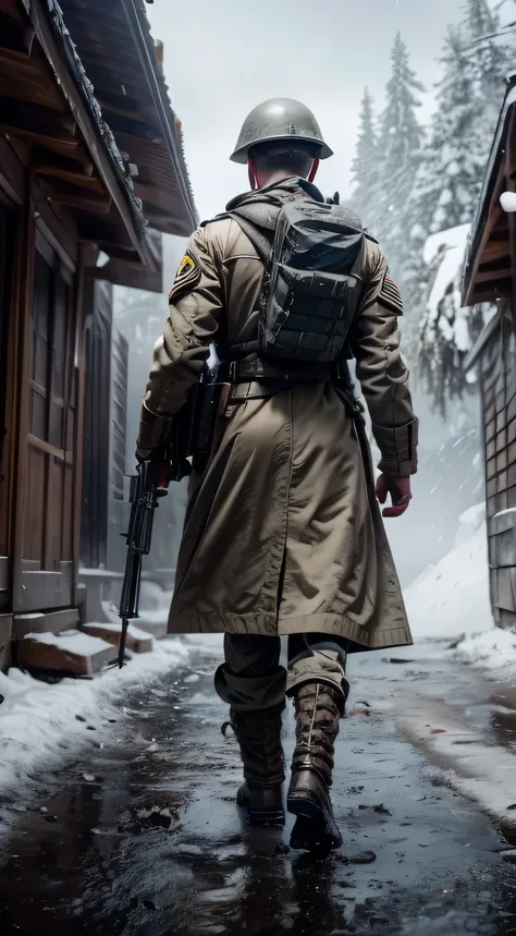 step onto the battlefields of world war ii, witnessing a stoic soldier in the midst of snowy mountain terrain. envision hyper-re...