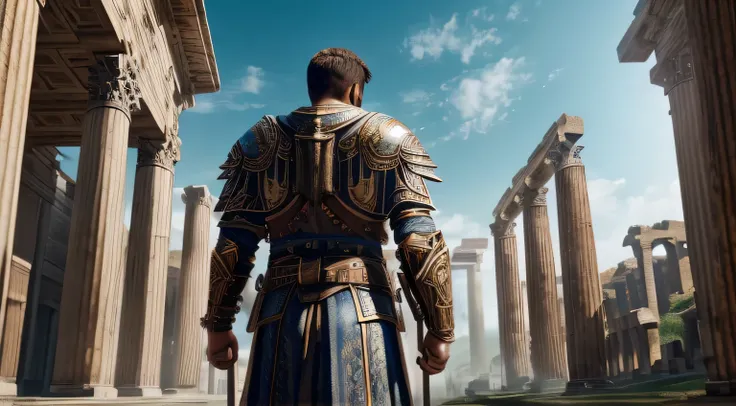 In the heart of ancient Romes grandeur, imagine a battle-hardened centurion, adorned in meticulously detailed armor, standing stoically amidst the ruins. Rendered in hyper-realistic 4K resolution, accentuated by cyan rim lights, motion blur, and Unreal Eng...