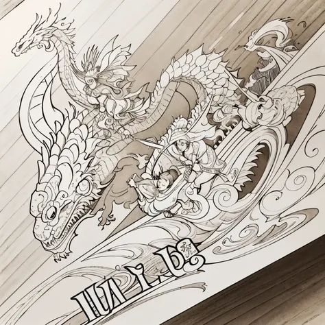 Two children riding a flying dragon、the morning sun、Line art tone、New Years card、illustratio、Looks fun、Pale shades、发光、