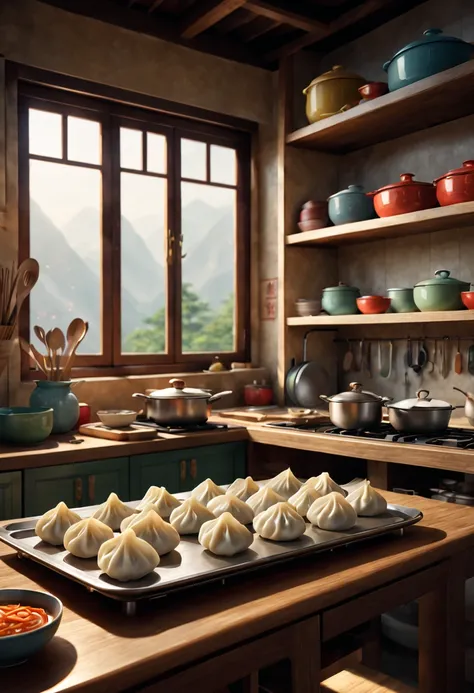 （best qualtiy，3D，super-fine，physically-based renderingt），in a kitchen，A lovely dumpling，Drawn in Pixar style，rich colourful，Vivid expressions，Playful and friendly personality，Delicate and realistic textures，Dynamic and charming poses，Shiny stainless steel ...