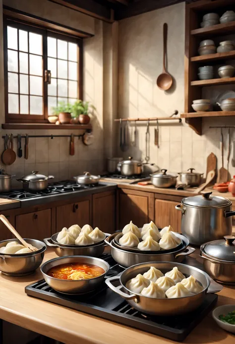 （best qualtiy，3D，super-fine，physically-based renderingt），in a kitchen，A lovely dumpling，Drawn in Pixar style，rich colourful，Vivid expressions，Playful and friendly personality，Delicate and realistic textures，Dynamic and charming poses，Shiny stainless steel ...