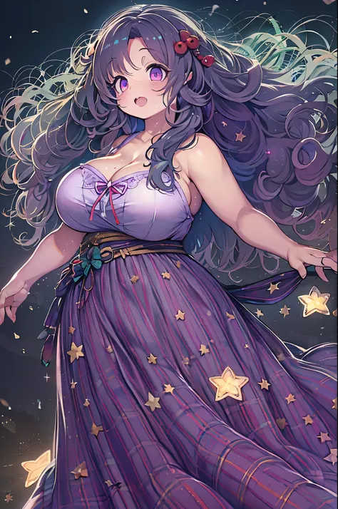 Detailed background, masutepiece, Best Quality, 1 person , Curly hair, Long hair, Purple eyes, Stars in the eyes , Strapless blouse, long  skirt、huge-breasted,bbw