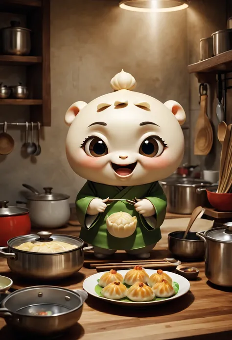 (Best quality, 3D, ultra fine, physics based rendering) In the kitchen, A cute anthropomorphic dumpling is depicted in Pixar style, rich and colorful, vivid expressions, mischievous and friendly personality, delicate and realistic textures, dynamic and cha...