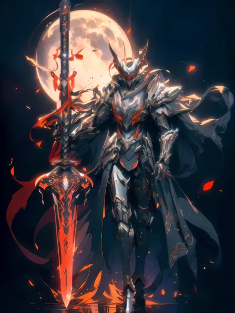 anime characters wearing a red cloak and sword before the full moon, badass anime 8 k, high quality warframe fanart, exquisite w...