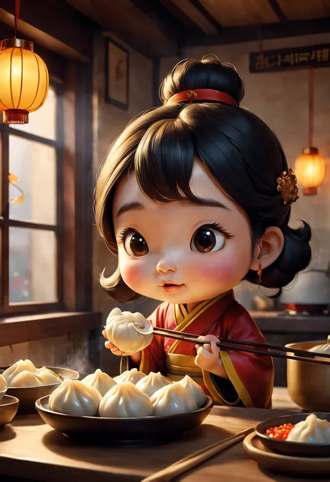 (Best quality, 3D, ultra fine, physics based rendering) In the kitchen, a cute dumpling is depicted in Pixar style, rich and colorful, vivid expressions, mischievous and friendly personality, delicate and realistic textures, dynamic and charming postures, ...