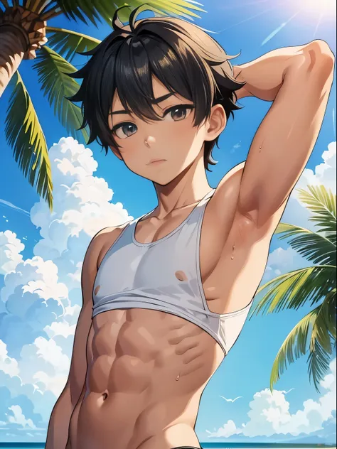 anime style,summer sky、into the cloud、1boy,little boy, hansome boy, cute face, adorable boy, beach, coconut tree, cheerful boy。t...