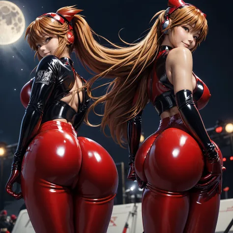 ((((huge ass)))), ((Asuka Langley Shikinami)), skinny, slim thick, small waist, 8k, ((curvy accentuated booty)), smiling, headphones, (((red latex tight pants))), at a music festival, at the moon