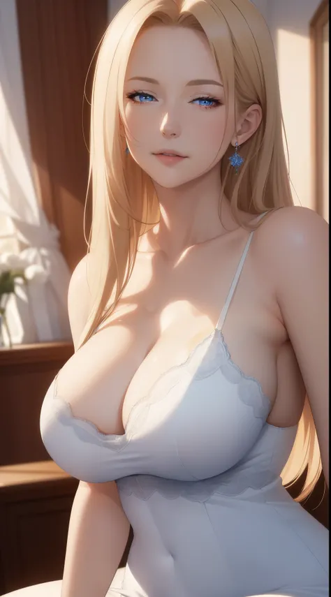 Masterpiece, high resolution, extremely detail 8k cg, shine, graceful adult woman, a mother, motherly face, long smooth blonde, swept-side bang, blue eyes, plain white dress, beautiful woman, big breast, fat arms, motherly aura.