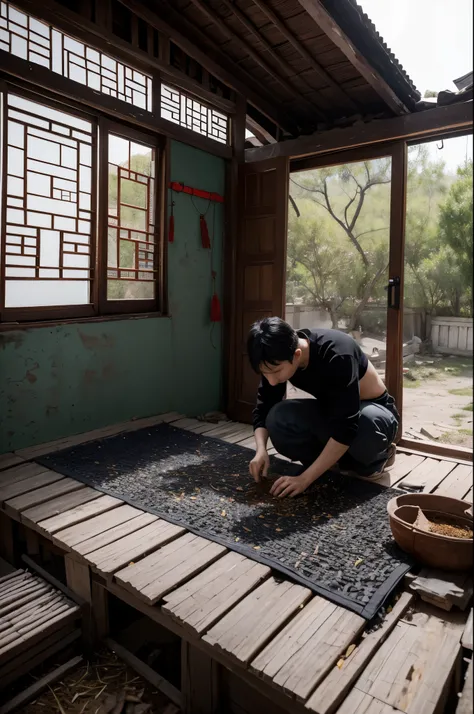 black color hair，A woman，A boy with，snak，There is a broken tile house in a dilapidated Chinese rural yard，There are strings of chili and garlic drying next to the window of the tile-roofed house，