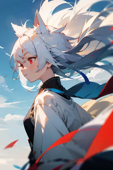 facing forward and relaxing、It has white haired furry ears.、girl with red eyes。The wind is blowing