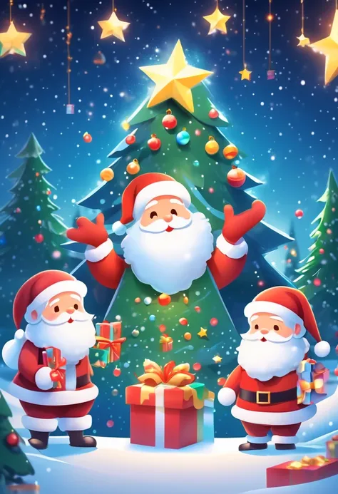 3 Rendering, christmas eve scene, There is a big Christmas tree in the middle of the poster, Decorate with colorful lights, star curtain in sky, and gift box on the snow. Cute and kind Santa Claus holding gifts, warm background and bright night