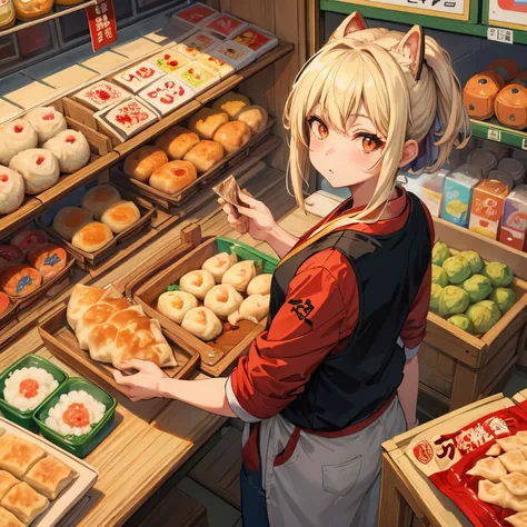 (Best Quality:1.4), anime, 独奏, Girl in supermarket gyoza jiaozi dumplings