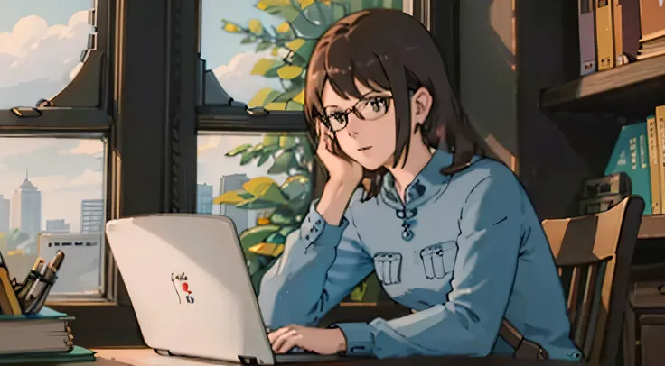 a woman in her 20s wearing glasses is sitting at a desk in an old-fashioned study..., thinking while looking at laptop, slightly...