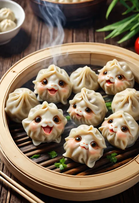 (best quality,4k,8k,highres,masterpiece:1.2),ultra-detailed,realistic,dimsum emoji,cute little dumplings,expressive dumplings,charming dumplings,sweet dumplings,golden dumplings,playful dumplings,steaming hot dumplings,dappled light on the dumplings,soft s...