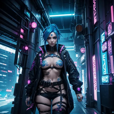 Jinx Arcane, huge tits, a woman with blue hair and tattoos, female cyberpunk anime woman, cyberpunk anime woman, (epic real) ((epic beauty)) ((view from in front))