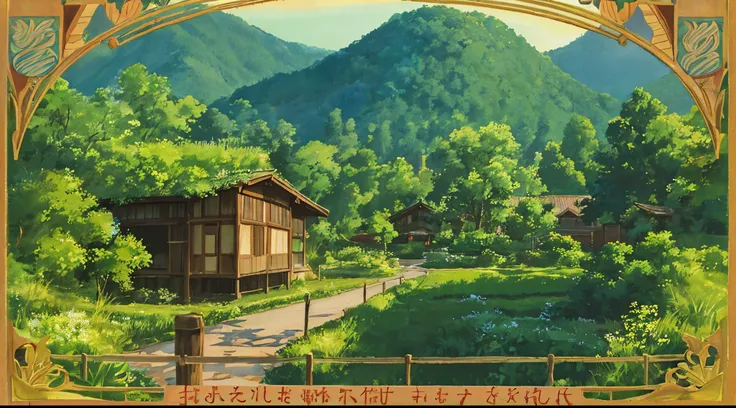 Golden hour outdoor Ghibli-style village with Ghibli style background，(fujifilm 16k)，hyper realisitc，iintricate的细节，autolevel，darkly，in an art nouveau style，dramatics，desaturated，（bulking），iintricate