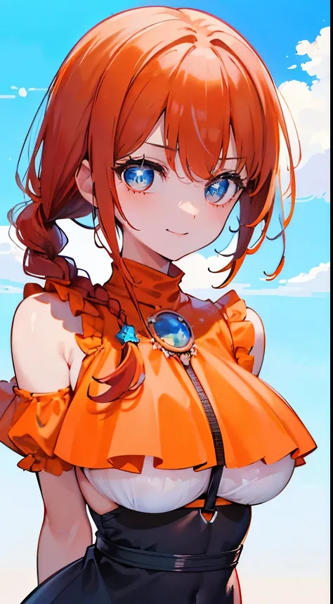 18 year old beautiful girl, blue big eyes,  Petite and slender、slightly large breast, ((scarlet orange hair,)),(Loose fluffy short braided hair), in 8K, of the highest quality, (Highly detailed head: 1.0), (Very detailed face: 1.0), (very detail hair: 1.0)...