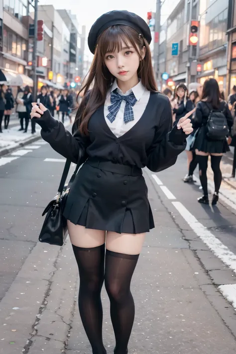 high-angle shot、street snap、a baby face wearing a short skirt and bow tie standing on a neon street in the middle of the night(t...