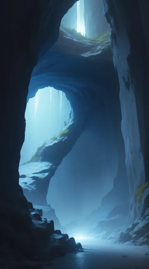 Dark mysterious cave with a bluish light glowing in its depths.